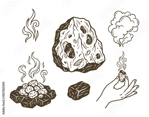 Mystical element set; incense smoke; burning coals; hand holding resin chunk; meteorite; ancient artifact.