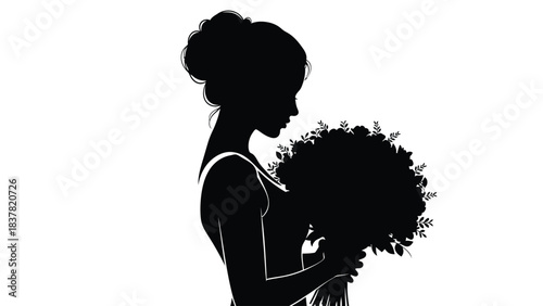 Elegant silhouette of a woman holding a floral bouquet in profile