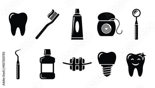 Oral hygiene tools and products. Dentistry equipment. Tooth care collection. Healthcare symbols set.