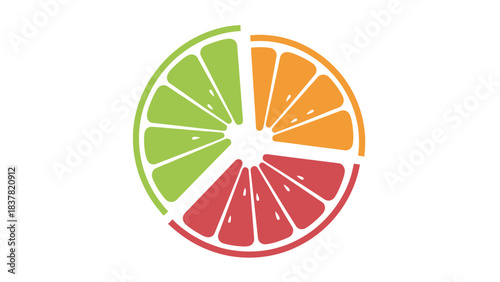 Citrus Fruit Slices Divided into Green Orange and Red Sections.