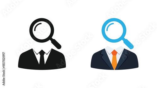 Two magnifying glass icons over profile silhouettes in business attire