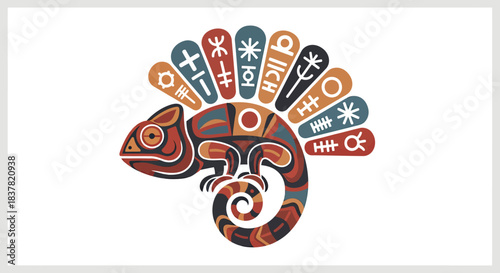 Colorful Chameleon with Tribal Patterns and Decorative Fan Tail.