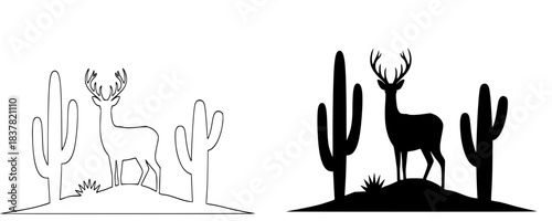 Deer with Large Antlers Silhouette in Desert Landscape, Black and White Vector Outline of Saguaro Cactus and Animal for Wildlife and Western Concepts