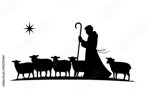 Shepherd and Flock of Sheep Silhouette, Nativity Scene Vector Illustration with Star of Bethlehem, Religious Christmas and Winter Holiday Concept