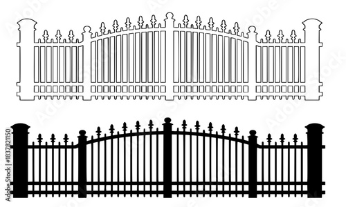 Ornate Wrought Iron Gate and Fence Silhouette Vector Illustration, Detailed Black and White Outline of a Vintage Entrance, Privacy, and Security Barrier