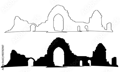 Ancient Historical Building Ruins Silhouette, Black and White Vector Outline of Old Gothic Monastery or Castle Architecture, Medieval Landmark for Travel, History, and Heritage Design