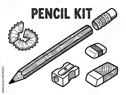 Pencil kit with essential drawing tools. pencil, sharpener, erasers, shavings, school supplies.