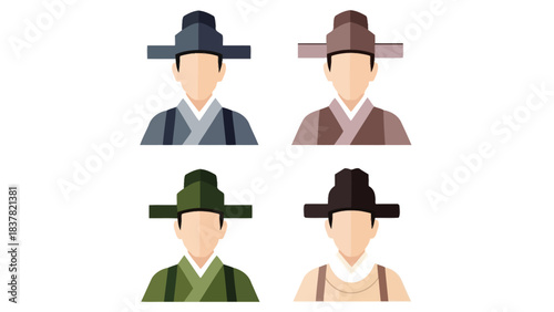 Flat Vector Illustration Set of Traditional Korean Men Wearing Hanbok and Gwanmo Hats