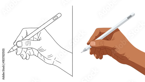 Hand Holding Digital Stylus Pen Vector Illustration Set (Outline and Color Version)