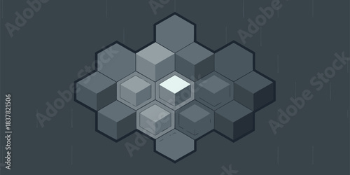 Geometric arrangement of hexagonal cells with cubic elements in shades of gray and white hues
