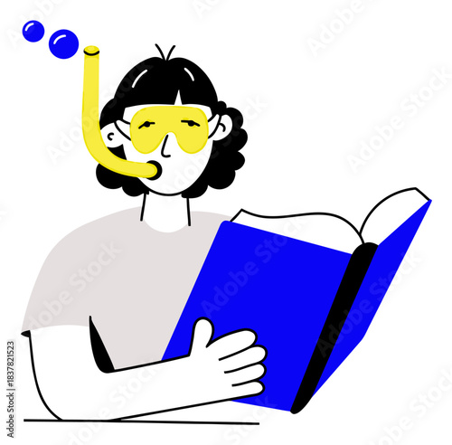 Design reading underwater diving scuba diver book illustration yellow mask snorkel blue bubbles white shirt black verctor art illustration png