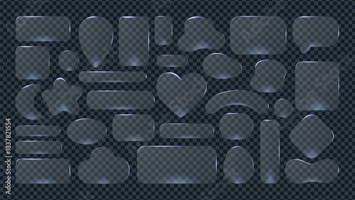 Set of glass morphism buttons and shapes with transparent glossy effect and modern app-inspired design. Glass button morphism style elements are ideal for UI, icons, and futuristic web compositions.