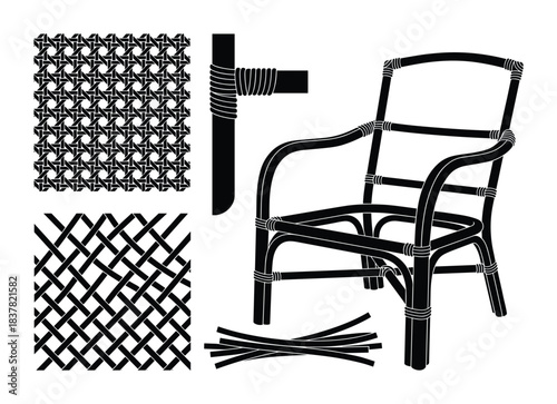 Rattan chair with weaving patterns and construction details. Elements for natural furniture craftsmanship. Isolated vector.