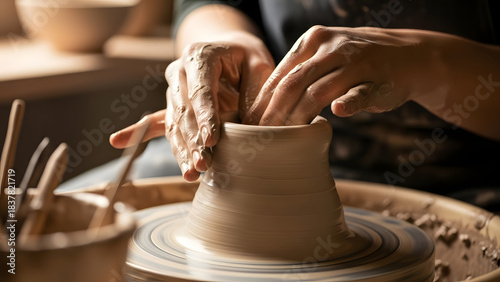 Close-up of a person's hands shaping wet clay on a spinning potter's wheel in a workshop.