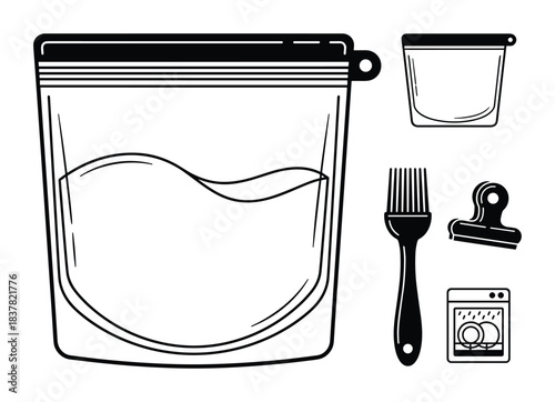 Reusable silicone food storage bag, clip, brush, and dishwasher. Black and white icons. Set isolated.
