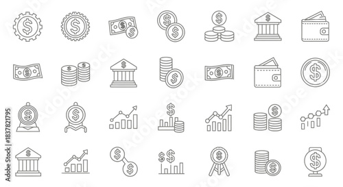 Comprehensive Collection of Outline Finance Icons Illustrating Money Management, Investment Growth, Banking Services, and Wealth Accumulation Concepts Through Modern Vector Graphics