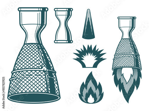 Rocket engines nozzles fire explosions space travel propulsion technology hourglass missile cone. Vector element.