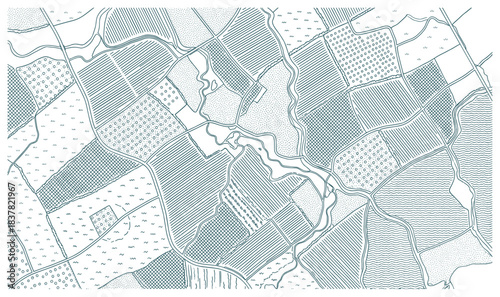Rural countryside farming fields, map with abstract agricultural areas, natural landscape with meadows.