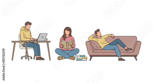 People enjoying different comfortable and productive leisure activities at home remote work, immersive reading, and peaceful relaxation on a cozy couch