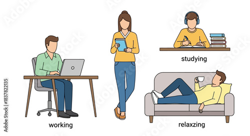 Comprehensive vector illustration set depicting various daily human activities, including dedicated working, focused studying, and peaceful relaxing, reflecting a modern balanced lifestyle