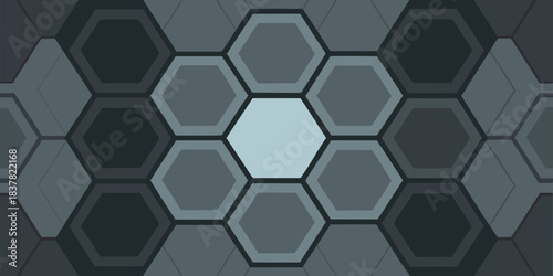 Abstract geometric arrangement of hexagons in shades of gray with a central light blue hexagon
