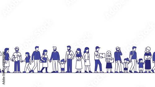 Diverse population crowd walking together in a seamless vector border illustration of people in line, symbolizing community, connectivity, and society