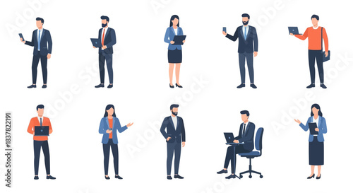 Dynamic Vector Collection of Diverse Business Professionals in Modern Flat Design Style, Representing Corporate Teams and Workplace Scenarios for Digital Communication