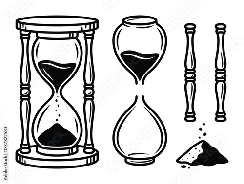 Sand clock with flowing sand, separate glass bulbs, and wooden pillars. Time measurement tools.