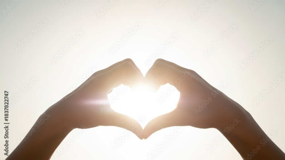 Fototapeta premium Hands forming a heart shape against the bright sun, symbolizing love, hope, and connection in a warm, glowing light