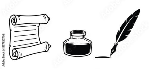 Scroll an inkwell and a feather quill pen. Writing tools collection. Historical writing items.