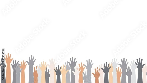 A diverse group of hands raised in the air, symbolizing unity, participation, and a collective call for attention or support