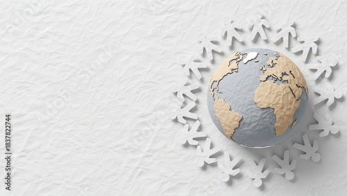 Global connection and unity illustrated by a paper-textured Earth embraced by a circle of people on a white background, symbolizing community and shared world