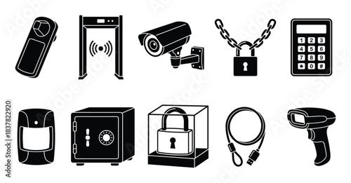 Security system protection equipment safety measures surveillance control devices glyph icons