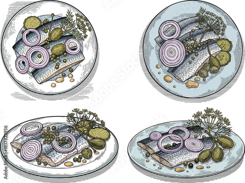 Norwegian Pickled Herring Plate Illustration Icon Set with Traditional Marinated Fish, Onions, Herbs and Scandinavian Seafood Art