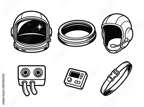 Set of astronaut gear including space helmet, communication headset, and other vital equipment for mission