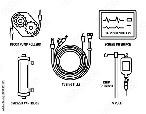 Set of hemodialysis equipment illustrating key parts for kidney treatment and fluid management.