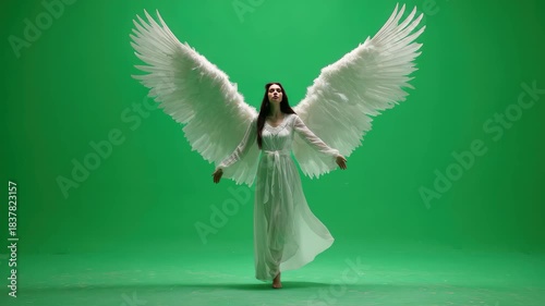 Woman with large white wings poses in a green screen studio for film or photoshoot capturing fantasy and ethereal themes