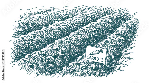 Sketch drawing carrot field agriculture sign farm vegetable crop cultivated land