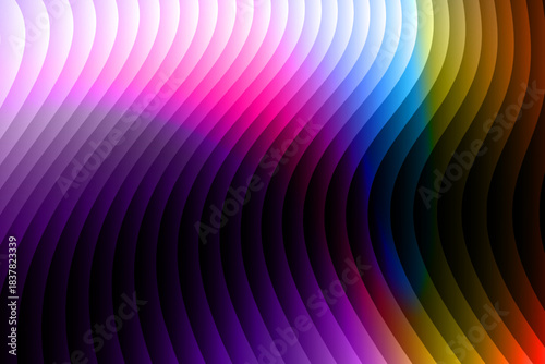 Neon ripple glass gradient in magenta, violet, ember orange on deep midnight. Sharp ribbed distortion, cinematic glow; futuristic texture background, vector illustration