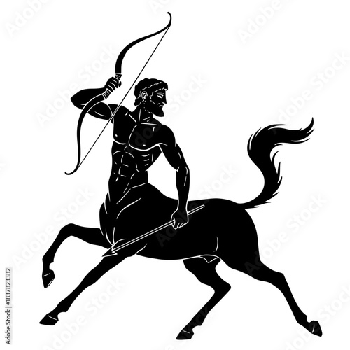 Bold black silhouette of a Centaur archer in a dynamic pose, drawing back a bow and arrow. Ideal for themes of Greek mythology, fantasy, history, zodiac (Sagittarius), and powerful warrior graphics.