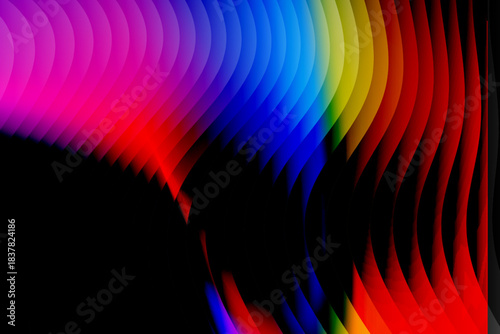 Neon ripple glass gradient in magenta, violet, ember orange on deep midnight. Sharp ribbed distortion, cinematic glow; futuristic texture background, vector illustration