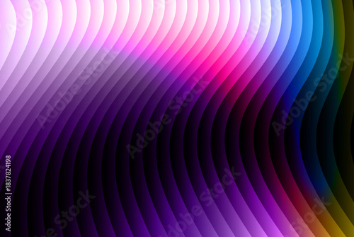 Neon ripple glass gradient in magenta, violet, ember orange on deep midnight. Sharp ribbed distortion, cinematic glow; futuristic texture background, vector illustration