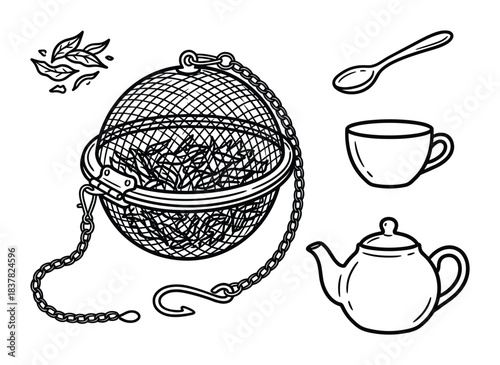 Tea brewing accessories, mesh infuser with leaves, cup, teapot, spoon, hot drink essentials