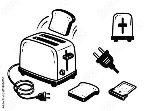 Toaster and bread elements set. Appliance, toast, electrical plug, kitchen items.
