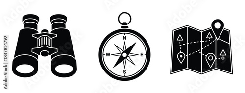 Travel and exploration icons. Binoculars, compass, and map with location pins. Adventure objects.