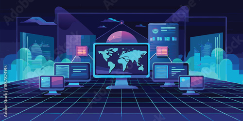 Retro network environment showing computers connected to a central server with world map
