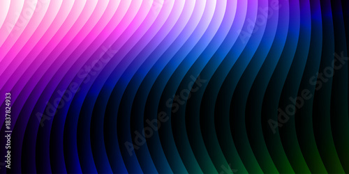 Neon ripple glass gradient in magenta, violet, ember orange on deep midnight. Sharp ribbed distortion, cinematic glow; futuristic texture background, vector illustration