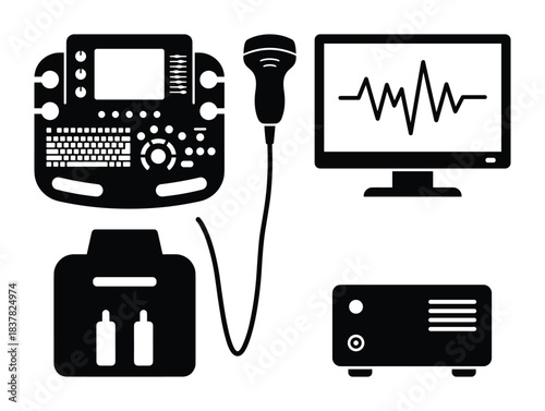 Ultrasound machine set. medical diagnostic equipment. probe and monitor. diagnostic devices.