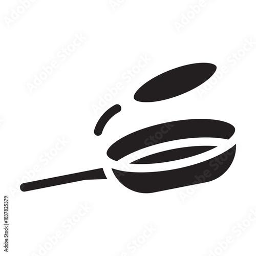 Glyph icon of frying pan flipping pancake, simple bold outline, celebration cooking symbol for Pancake Day