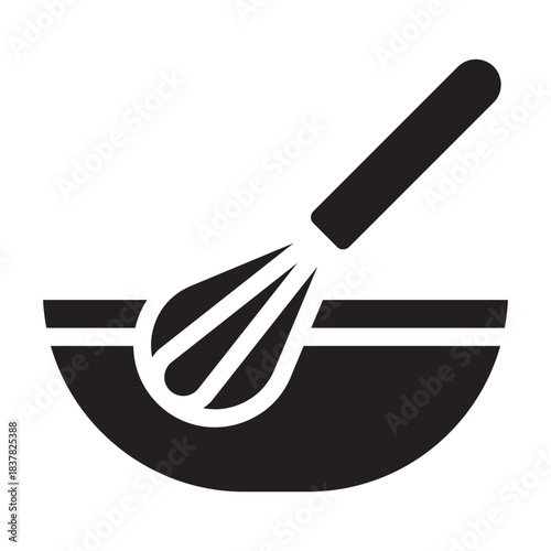 Glyph icon of mixing bowl with whisk, bold solid outline, cooking preparation symbol for pancake ingredients